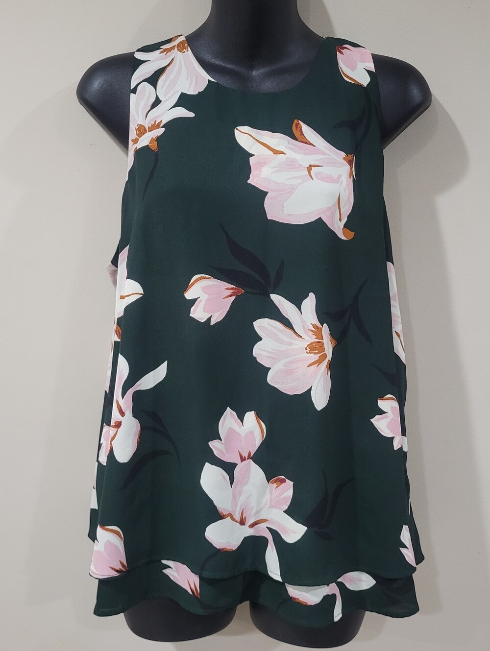 Ann Taylor Factory Dark Green Floral Sleeveless Layered Blouse Tank Top Size L